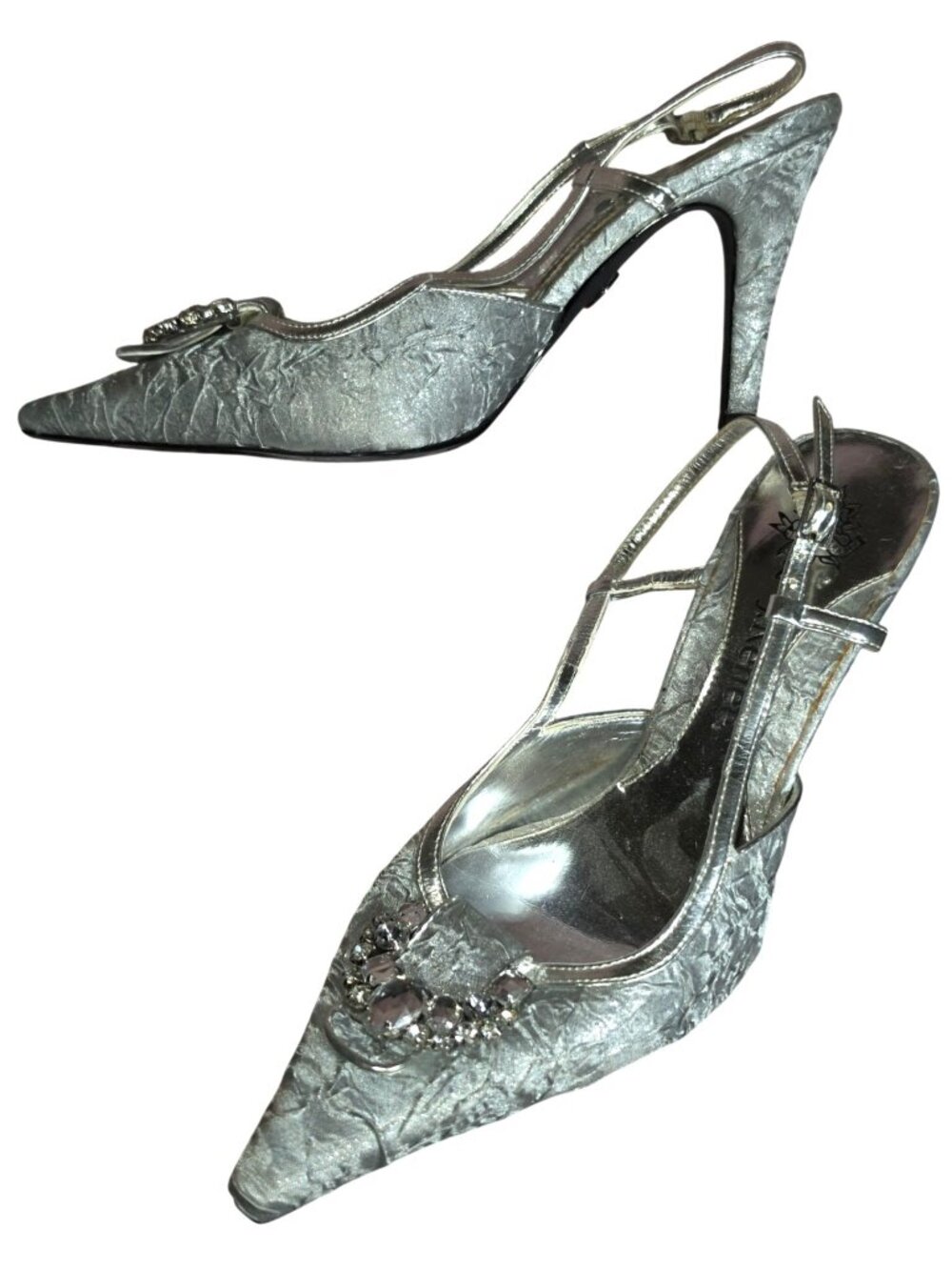J. Renee Rachele Silver Fabric Heels With Faux Jewel Accents Size 8 Crinkle Slin